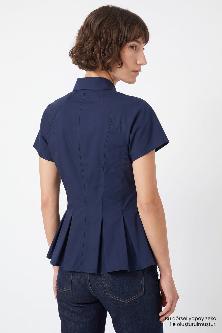 Düşük Kol Pileli Zikzak Dikişli Slim Fit Lacivert Gömlek