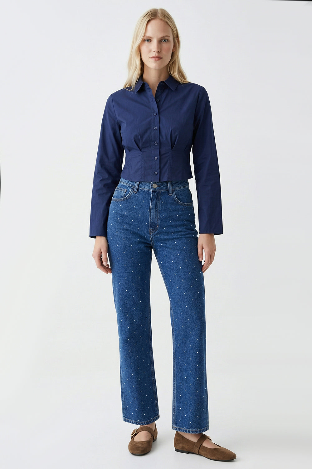 Taşlı Geniş Paça Yüksel Bel Regular Denim İndigo Pantolon