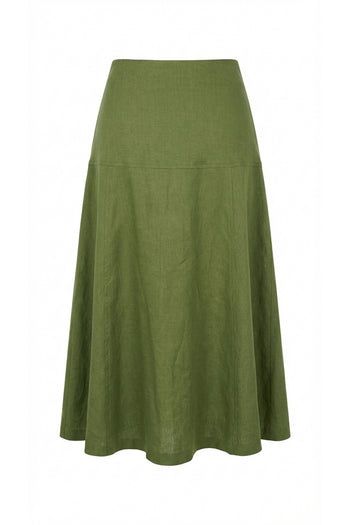 Yırtmaçlı Tokalı Fermuarlı Regular Midi Keten Haki Etek