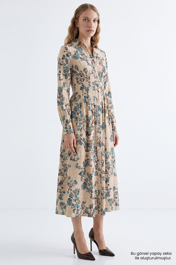 Uzun Kollu Bele Oturan Pileli Slim Fit Midi Çok Renkli Elbise