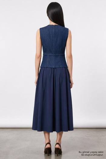 Denim Garnili Fermuarlı Regular Midi Mavi Elbise