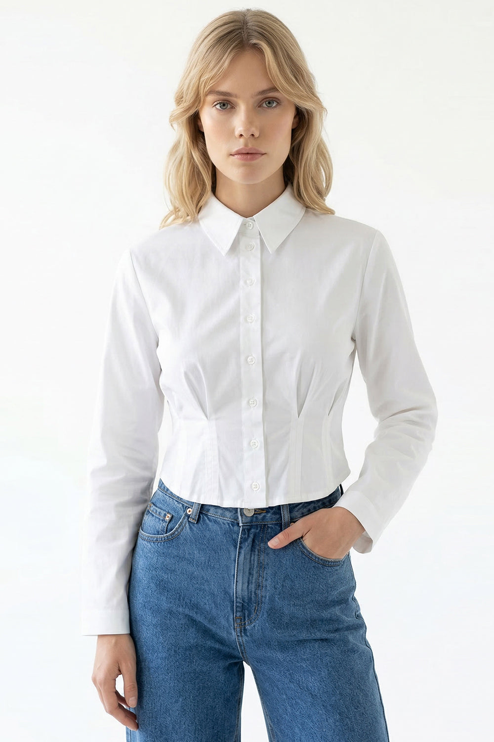 Gömlek Yaka Uzun Kollu Pile Detaylı Crop Regular Beyaz Gömlek