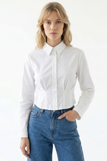 Gömlek Yaka Uzun Kollu Pile Detaylı Crop Regular Beyaz Gömlek