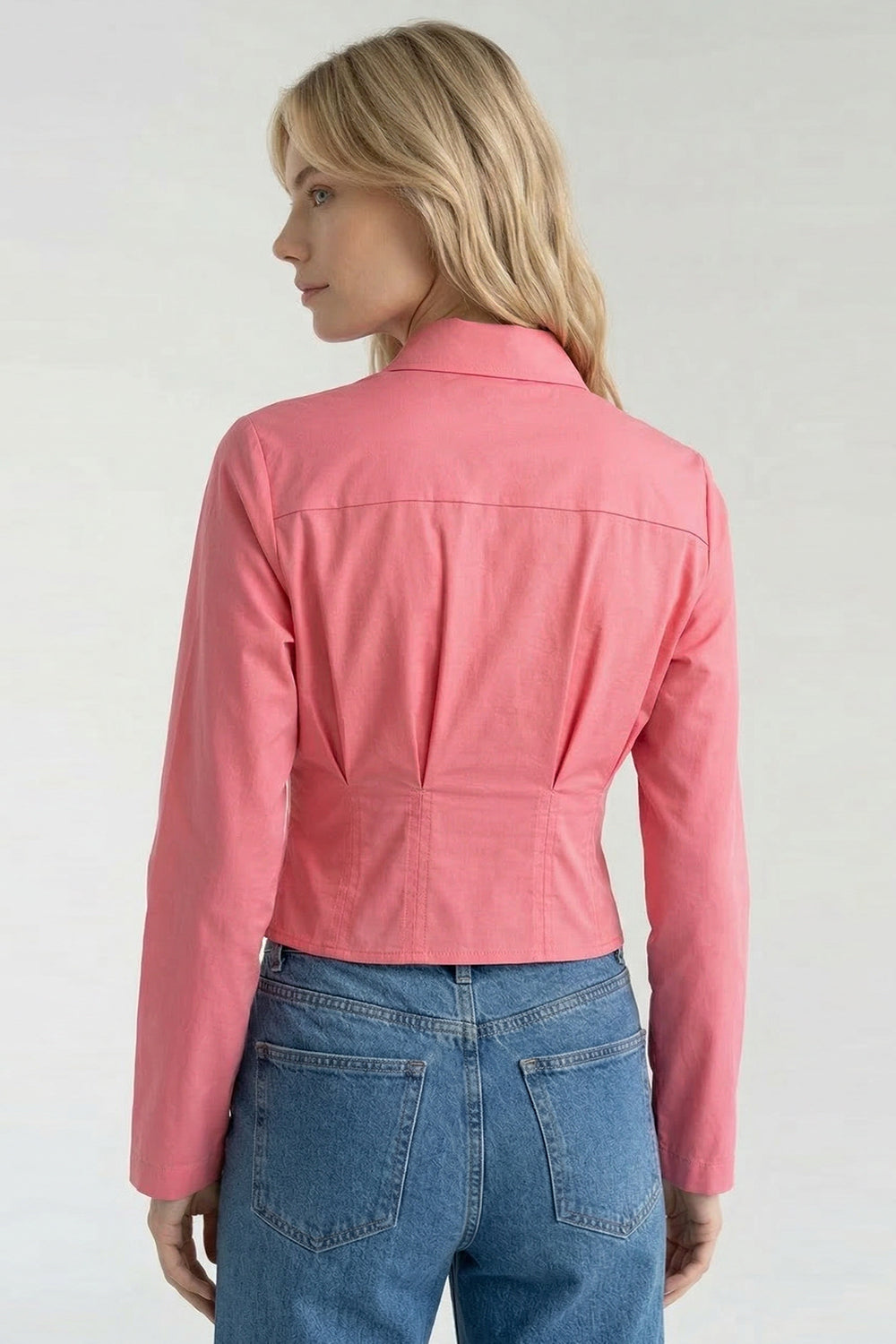 Gömlek Yaka Uzun Kollu Pile Detaylı Crop Regular Pembe Gömlek