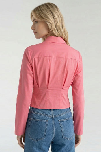 Gömlek Yaka Uzun Kollu Pile Detaylı Crop Regular Pembe Gömlek