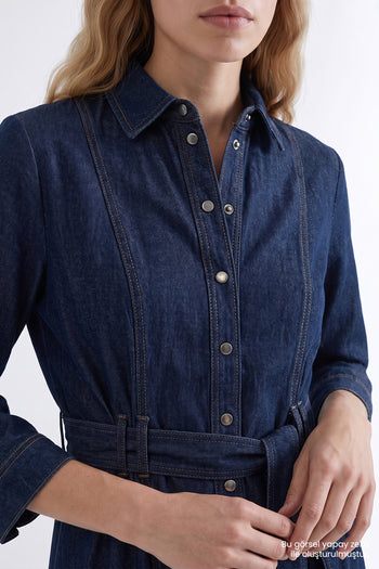 Uzun Kollu Kuşaklı Regular Midi Denim Gömlek İndigo Elbise