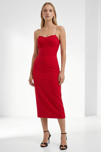 Zincir Askılı Yırtmaçlı Slim Fit Kırmızı Elbise