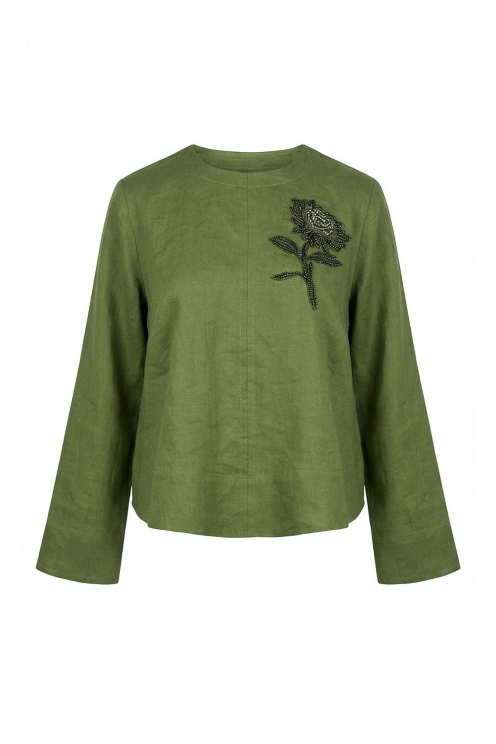 Bisiklet Yaka Uzun Kollu Yakası İşlemeli Keten Regular Haki Bluz