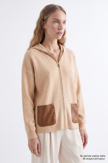 Deri Garnili Kapüşonlu Camel Triko Regular Hırka