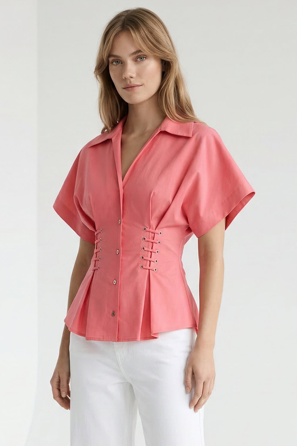 Gömlek Yaka Bağcık Detaylı Bele Oturan Regular Pembe Gömlek