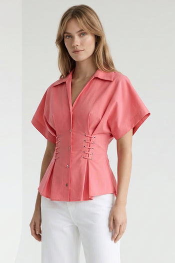 Gömlek Yaka Bağcık Detaylı Bele Oturan Regular Pembe Gömlek
