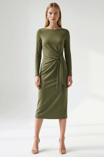 Bisiklet Yaka Fermuarlı Belden Bağlamalı Regular Örme Haki Elbise