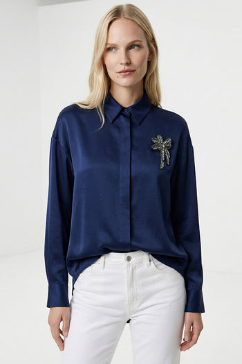 Gömlek Yaka Manşetli İşlemeli Saten Regular Lacivert Gömlek