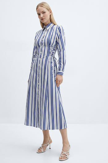 Uzun Kollu Yanları Bağcıklı Regular Midi Saks Kemik Elbise