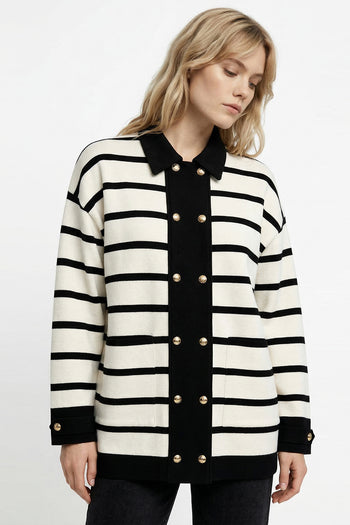 Uzun Kollu Düğmeli Oversize Triko Siyah Krem Hırka