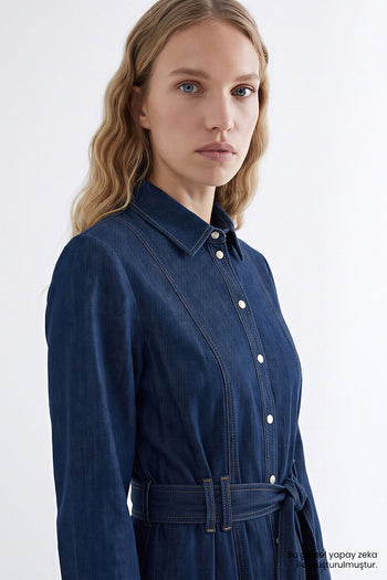 Uzun Kollu Kuşaklı Regular Midi Denim Gömlek İndigo Elbise