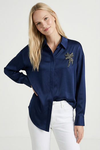 Gömlek Yaka Manşetli İşlemeli Saten Regular Lacivert Gömlek