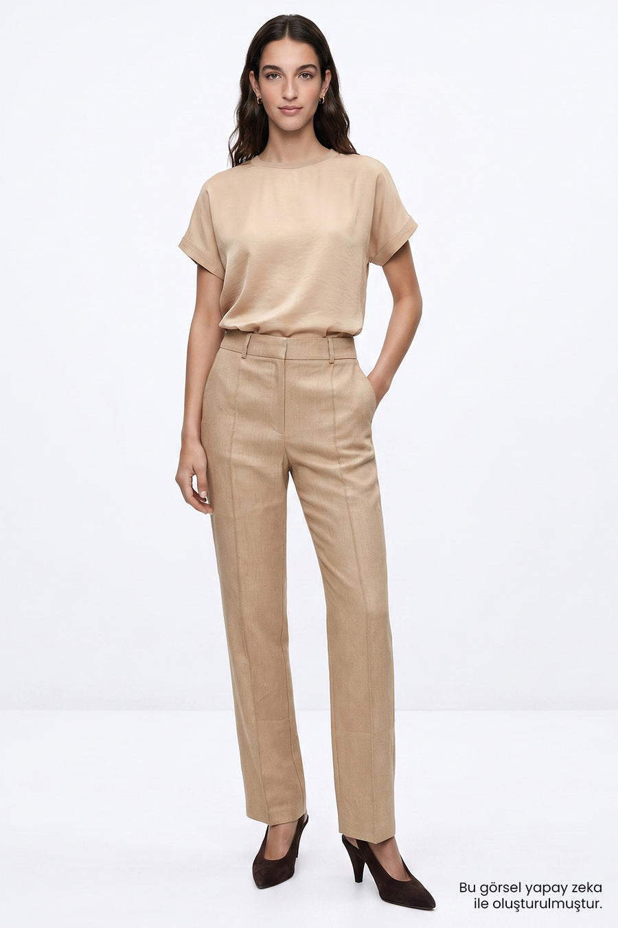 Yüksek Bel Keten Karışımlı Regular Camel Pantolon