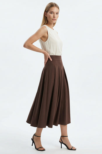 Pileli Arkası Lastikli Cepli Regular Midi Kahve Etek