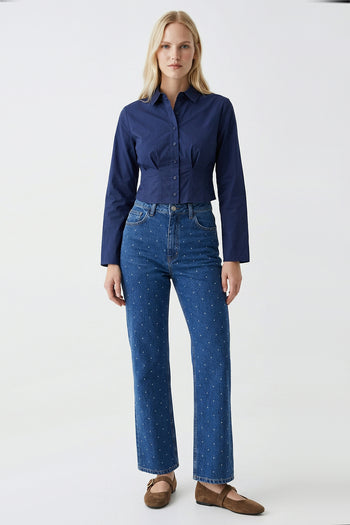 Taşlı Geniş Paça Yüksel Bel Regular Denim İndigo Pantolon