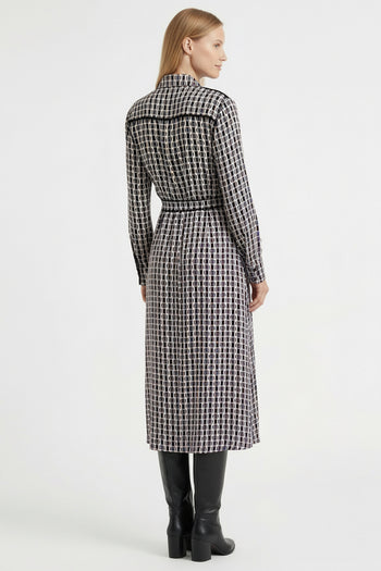 Geometrik Desenli Bel Detaylı Uzun Kollu Midi Gömlek Elbise