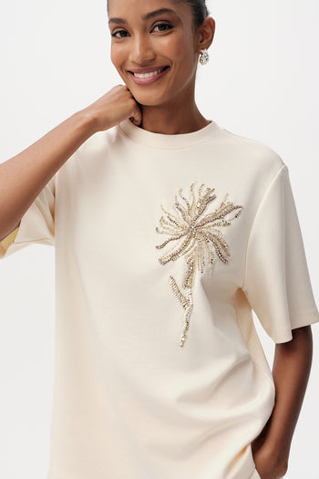 Taş İşlemeli Bisiklet Yaka Kısa Kollu Regular T-Shirt