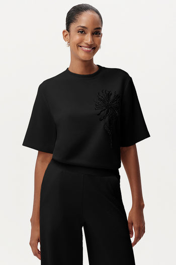 Taş İşlemeli Bisiklet Yaka Kısa Kollu Regular T-Shirt