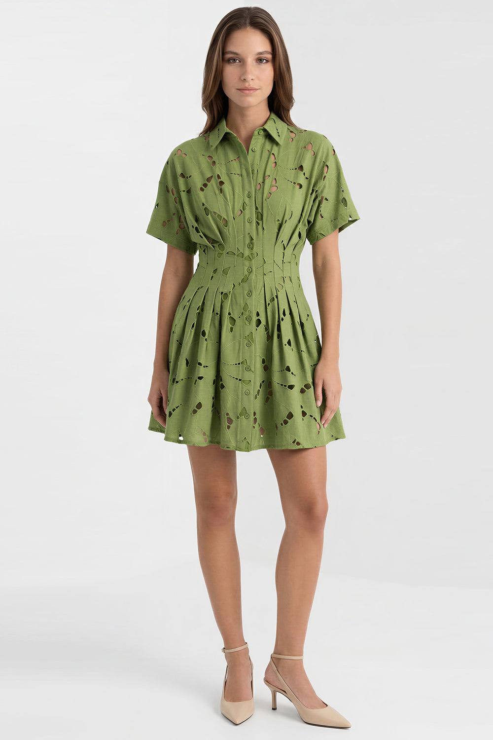 Kısa Kollu Delikli Gömlek Yaka Slim Fit Mini Yeşil Elbise