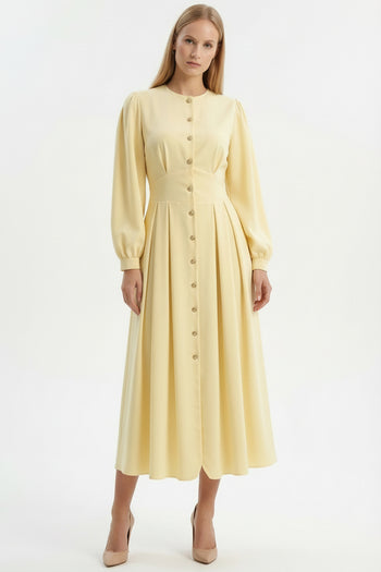 Uzun Kol Bele Oturan Bisiklet Yaka Midi Bej Elbise