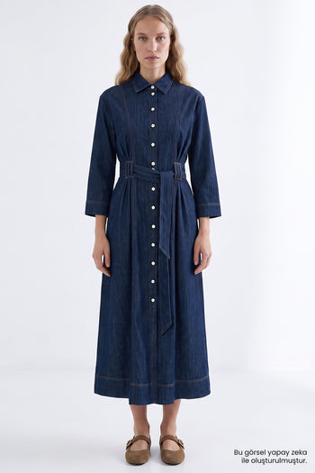 Uzun Kollu Kuşaklı Regular Midi Denim Gömlek İndigo Elbise