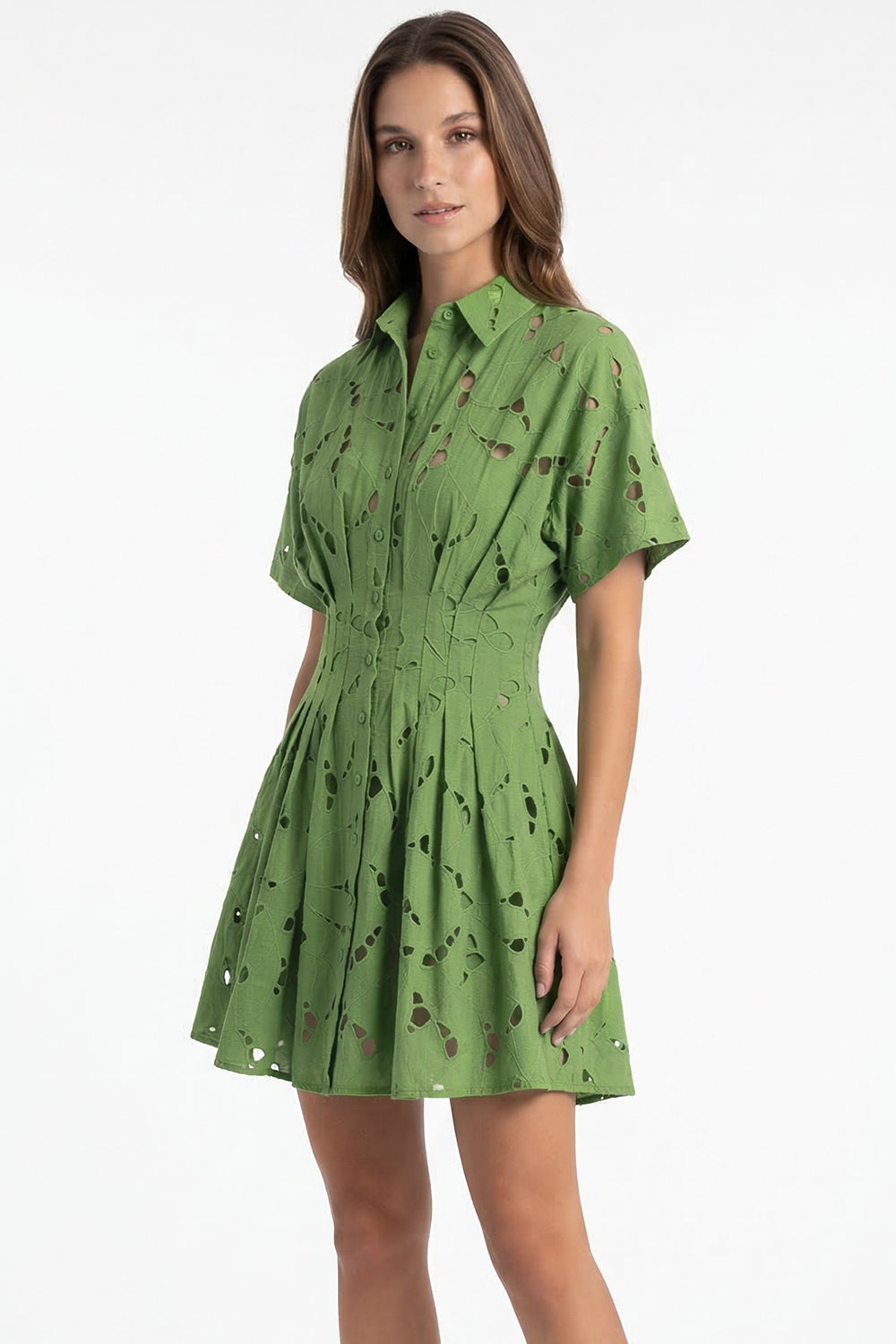 Kısa Kollu Delikli Gömlek Yaka Slim Fit Mini Yeşil Elbise