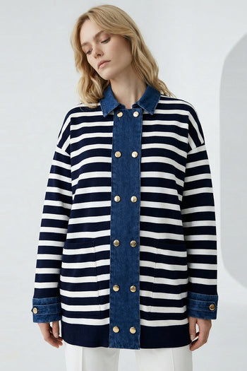 Uzun Kollu Düğmeli Oversize Triko Lacivert Beyaz Hırka