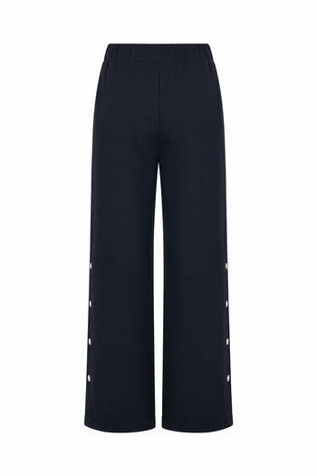 Yanları Çıt Çıtlı Beli Lastikli Geniş Paça Örme Lacivert Pantolon