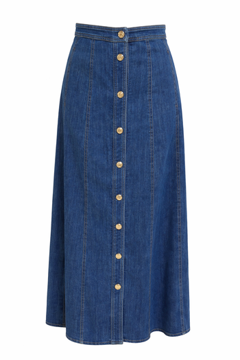Evaze Önden Düğmeli Midi Boy Denim İndigo Etek