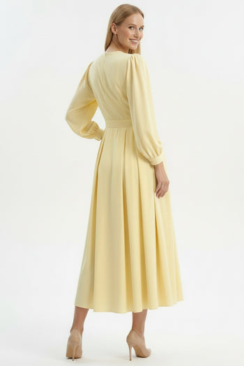 Uzun Kol Bele Oturan Bisiklet Yaka Midi Bej Elbise