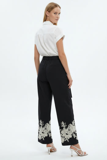 Beli Kuşaklı Paçası İşlemeli Regular Geniş Paça Siyah Pantolon
