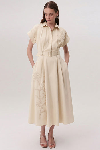 Gömlek Yaka Kısa Kollu Kemerli Cepli Regular Midi Krem Elbise