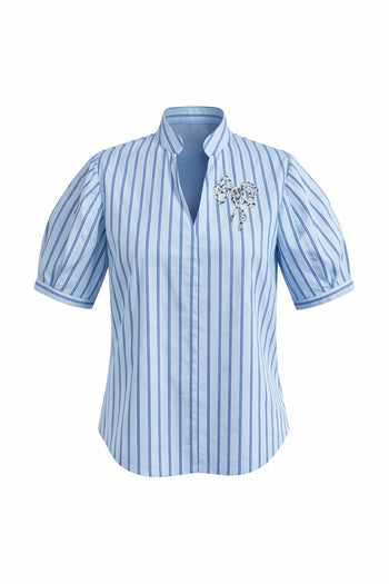 V Yaka Kısa Kollu Regular İşlemeli Çok Renkli Bluz