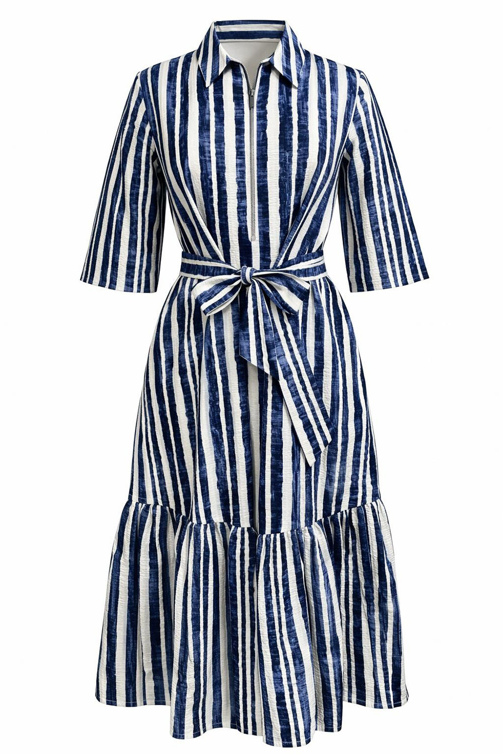 Gömlek Yaka Kısa Kollu Kuşaklı Regular Midi Saks Kemik Elbise