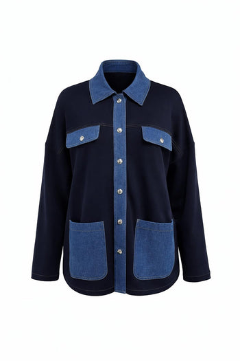 Uzun Kollu Gömlek Yaka Cepli Örme Regular Lacivert Ceket