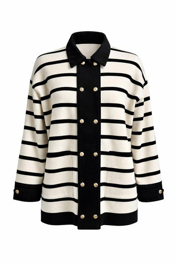 Uzun Kollu Düğmeli Oversize Triko Siyah Krem Hırka