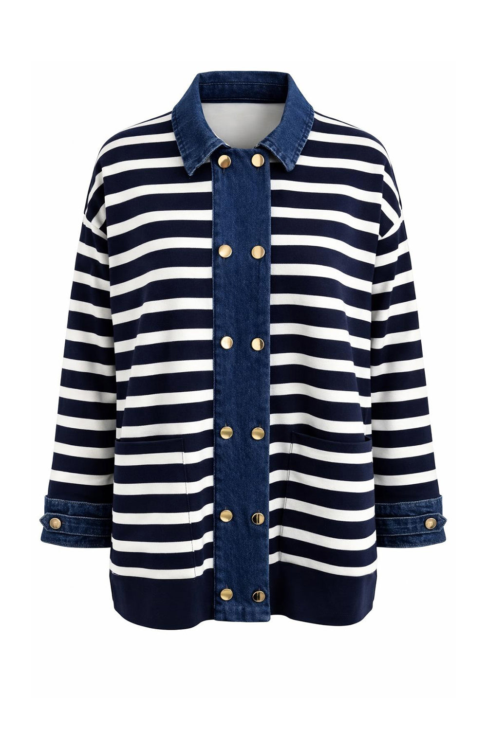 Uzun Kollu Düğmeli Oversize Triko Lacivert Beyaz Hırka