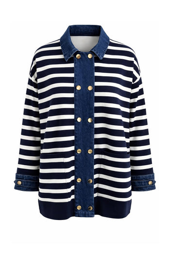 Uzun Kollu Düğmeli Oversize Triko Lacivert Beyaz Hırka