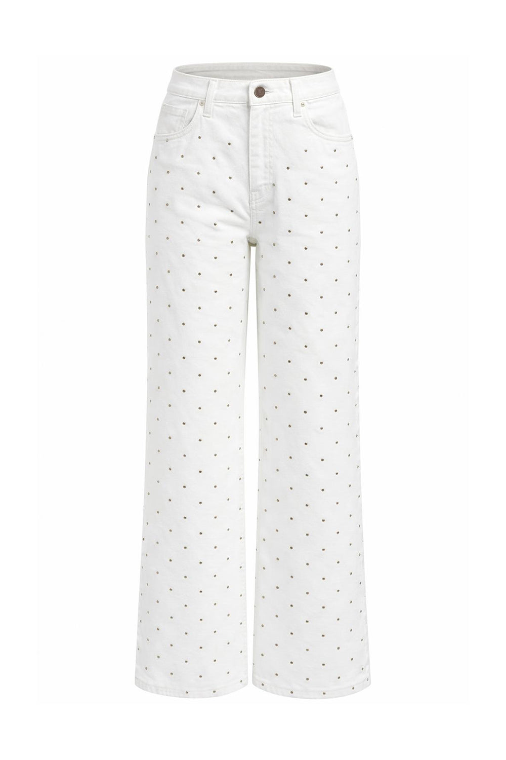 Taşlı Geniş Paça Yüksel Bel Regular Denim Beyaz Pantolon