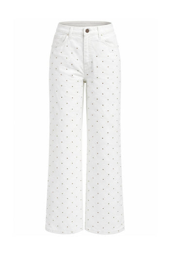 Taşlı Geniş Paça Yüksel Bel Regular Denim Beyaz Pantolon