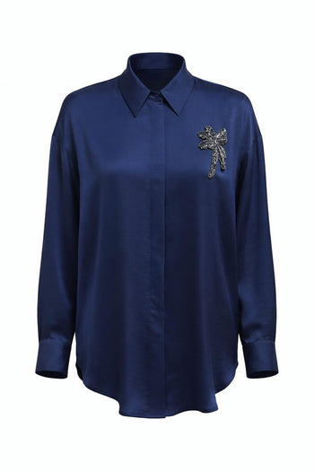 Gömlek Yaka Manşetli İşlemeli Saten Regular Lacivert Gömlek