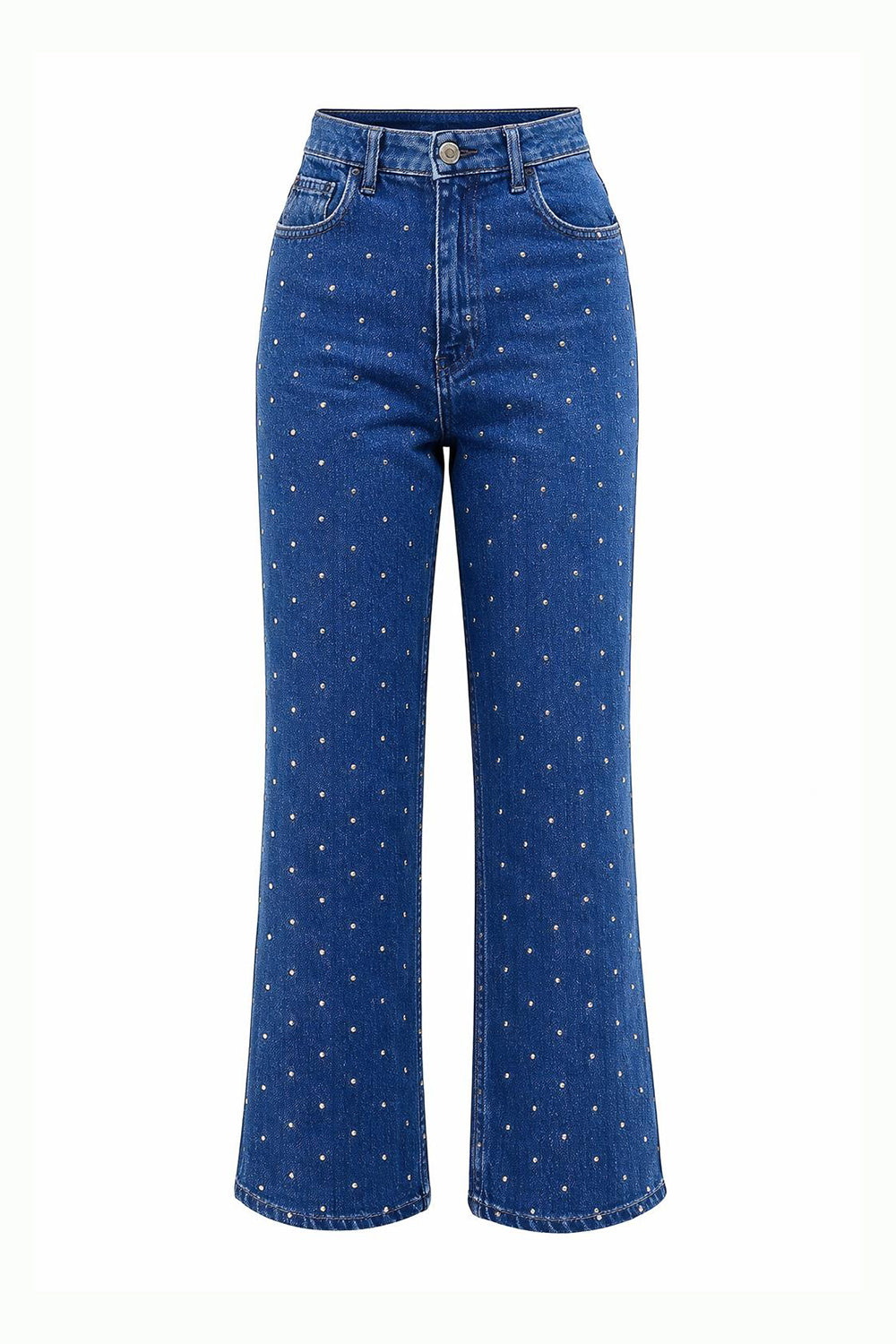 Taşlı Geniş Paça Yüksel Bel Regular Denim İndigo Pantolon