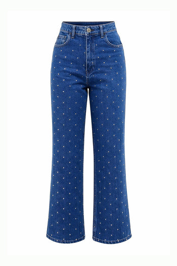 Taşlı Geniş Paça Yüksel Bel Regular Denim İndigo Pantolon