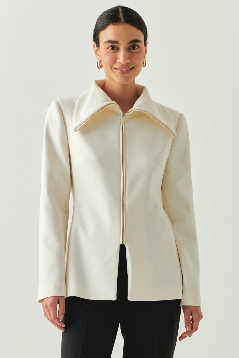 Erkek Yaka Fermuarlı Slim Fit Krem Ceket