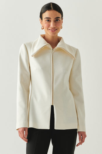 Erkek Yaka Fermuarlı Slim Fit Krem Ceket